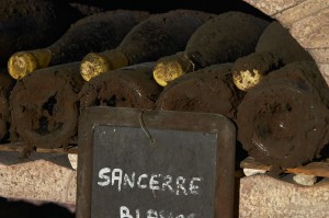 Bottles of sancerre wine aging in the cellar