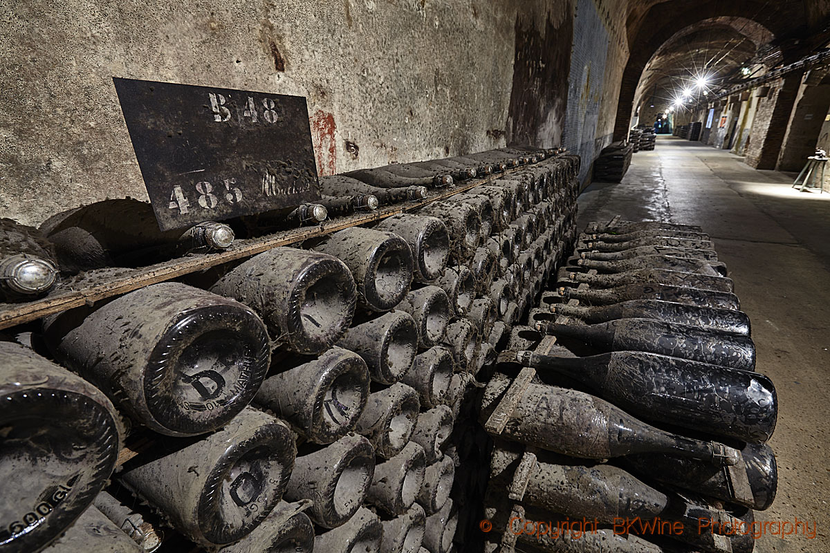 Bottles sur lattes, in a cellar in Champagne