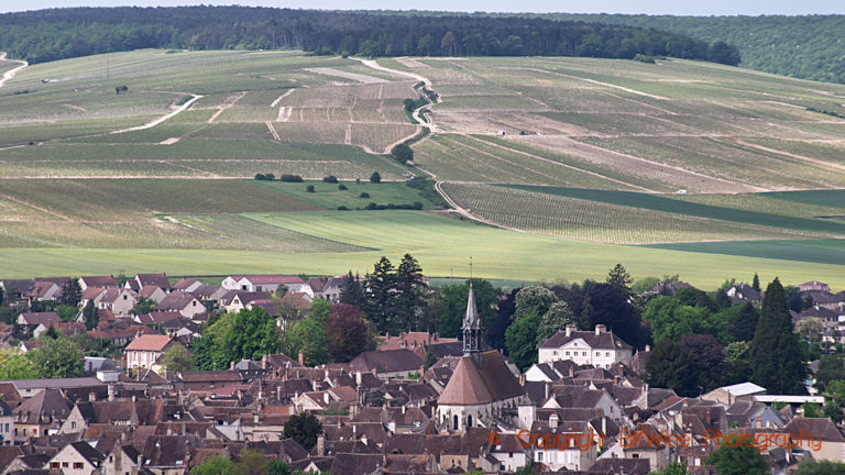 The town of Chablis and the grand cru hill, Burgundy