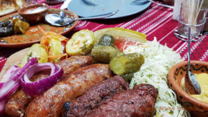 Mici, sausages, pickles etc at Asconi Winery in Moldova