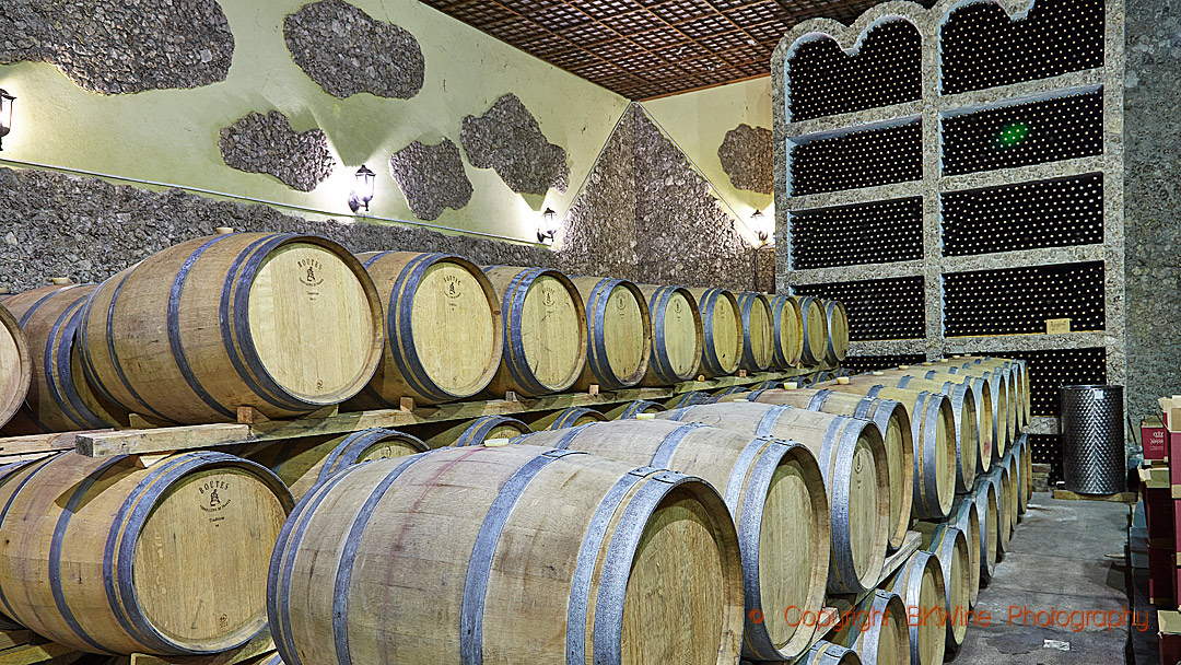 A barrel and bottle cellar at Asconi Winery in Moldova