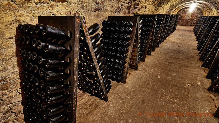 Bottles in pupitres at Champagne de Sousa