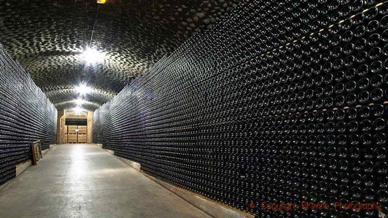 Bottles in the cellars of a cava producer in Catalonia, Spain