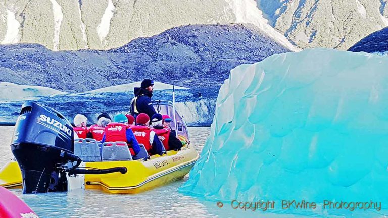 Exploring a glacier lake at Mount Cook in New Zealand