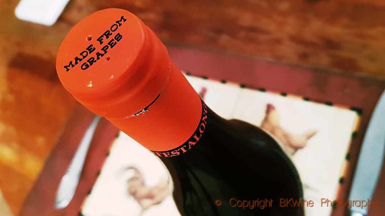 A bottle-neck capsule with "made from grapes" on a bottle of Testalonga El Bandito natural wine from South Africa