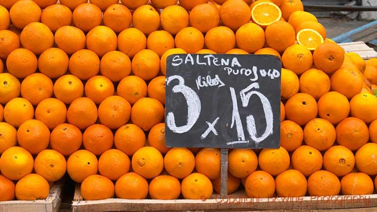 Oranges in a fruit stand on a market in Uruguay