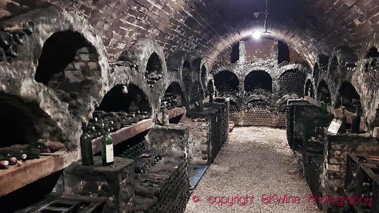 Many wineries in Hungary have old underground wine cellars dug into the hillsides, here Bock in Villany