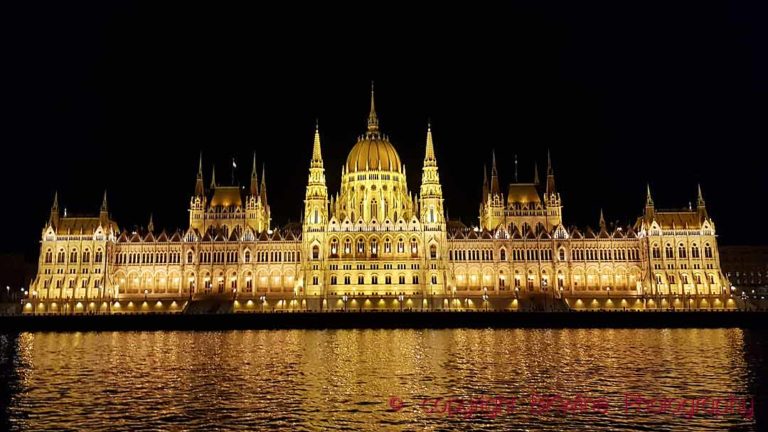 The Hungarian Parliament building in Budapest on the Danube River, Országház, at night