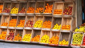 Apples, oranges, bananas and other fruit for sale on a street market in Uruguay