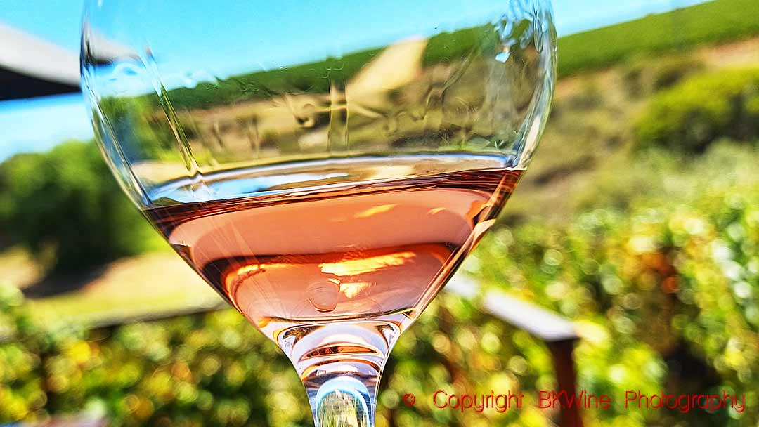 A glass of rosé wine with a South African vineyards in the background